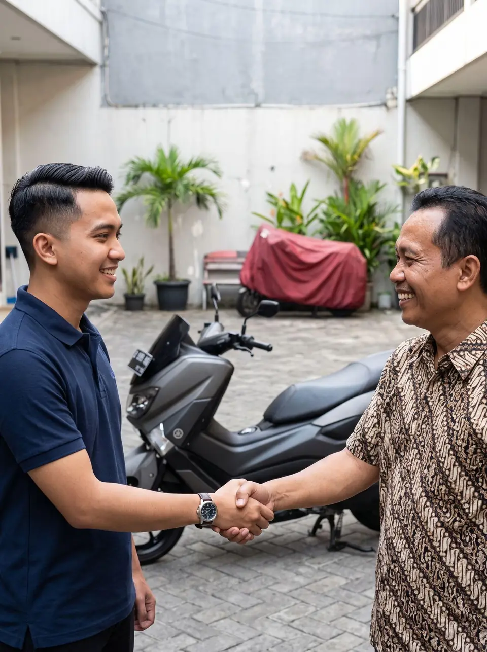 A buyer and a seller shaking hands beside a motorcycle in a courtyard in Indonesia